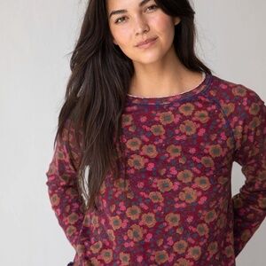Natural Life Lily Printed Knit Long Sleeve Tee Shirt - Cranberry Brown Floral
